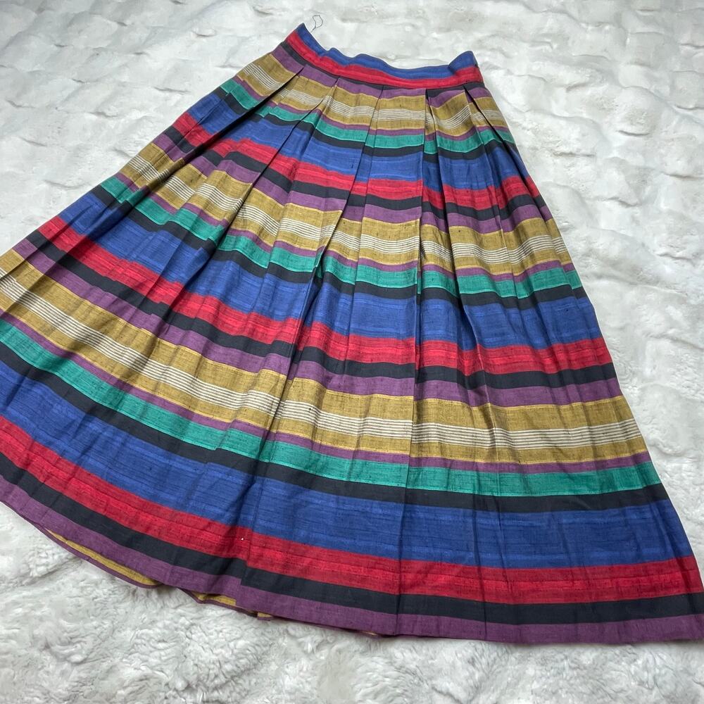 š„Vintage Liz Claiborne Linen Blend Rainbow Pleated Midi Skirt Cottage Academia - Picture 4 of 9